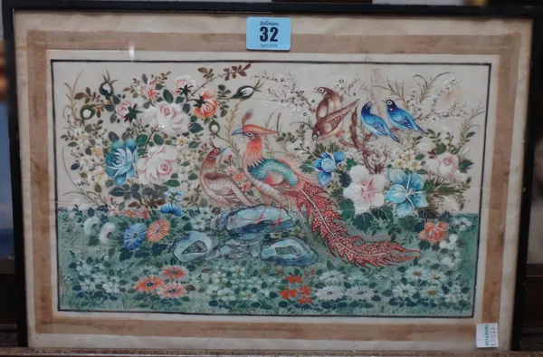 Chinese School (19th century), Birds amongst flowers, watercolour on pith paper, 19cm x 30cm.  CAB