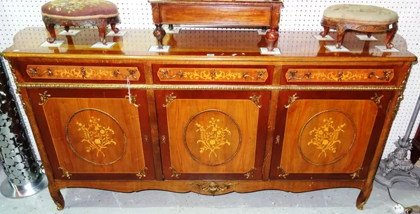 An early 20th century gilt metal mounted marquetry inlaid walnut sideboard, 203cm wide x 93cm high.  E10