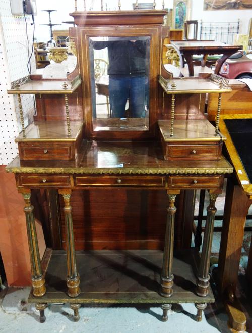 A mahogany and brass mounted mirror back side cabinet, on fluted columns and platform undertier, 86cm wide x 148cm high.  G5
