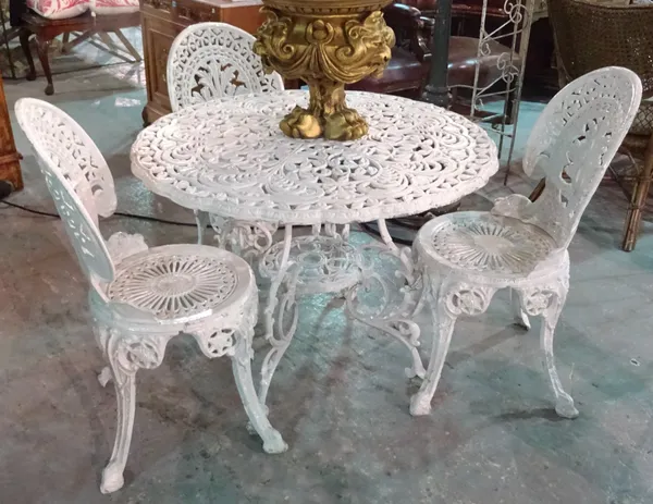 A 20th century white painted composite metal garden table with three matching chairs, 90cm wide x 67cm high, (4).  G6