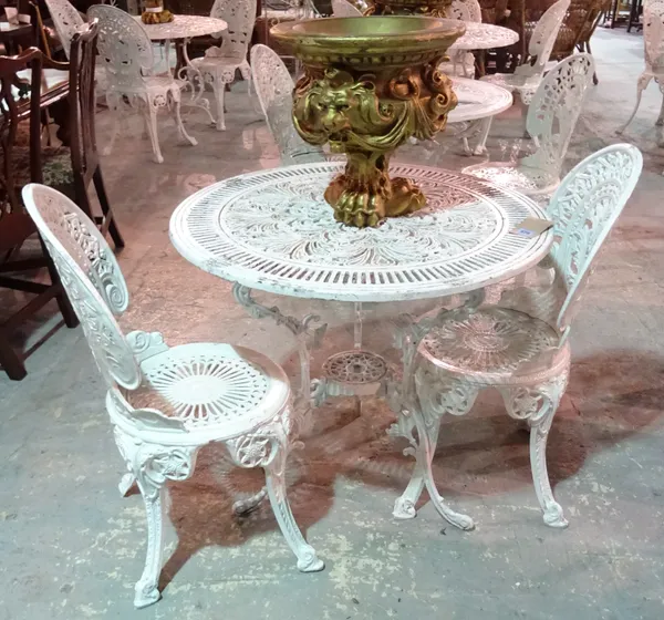 A 20th century white painted composite metal garden table with two matching chairs,, 80cm wide x 72cm high, (3).   I7