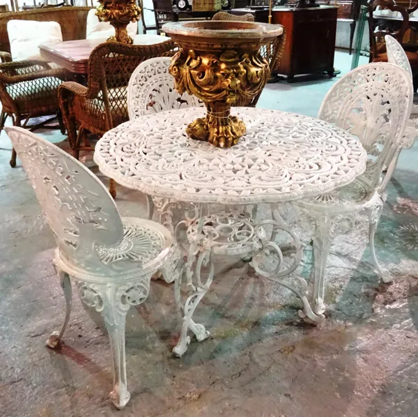 A 20th century white painted composite metal garden table with three matching chairs, 90cm wide x 67cm high, (4).   G7