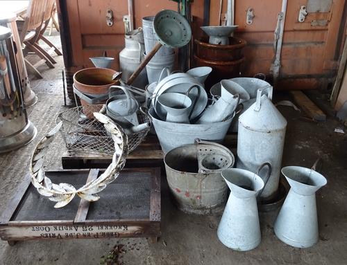 Garden statuary, including; 20th century zinc buckets and jugs, a dairy urn, a group of three terracotta plant pots and sundry, (qty).  OUT