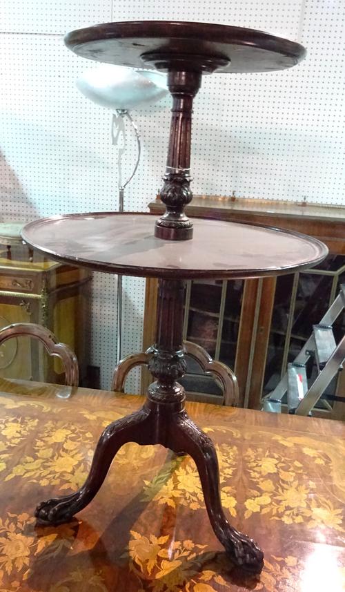 A George III mahogany graduated circular two tier dumb waiter, on tripod base, 60cm wide x 100cm high.  F9