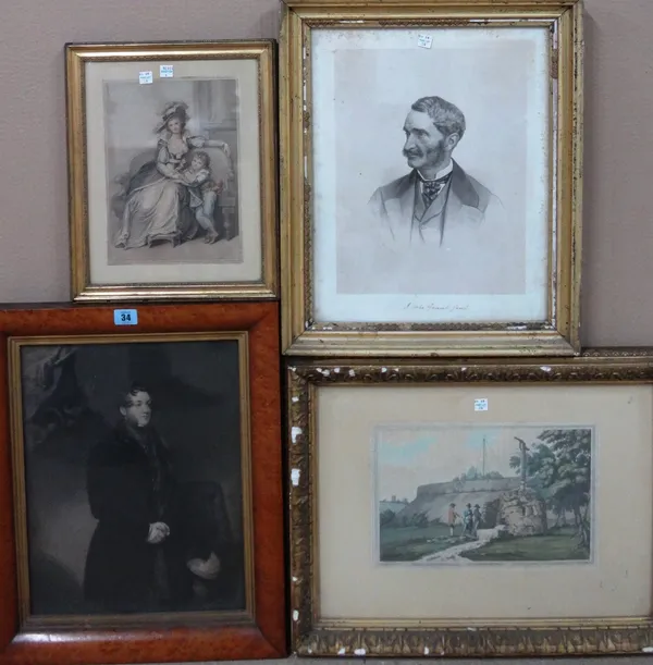 Three 19th century watercolour portraits and four prints, including three portraits and an aquatint by Joseph Faringdon of the Thames Head, (7).  L1