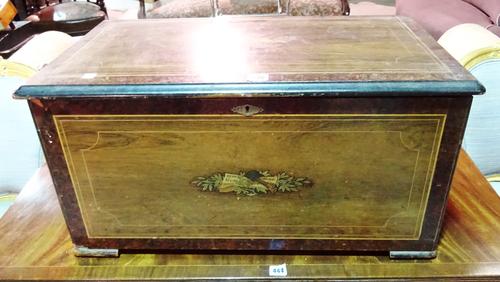 A 19th century rosewood lift top box formally a music box, 69cm wide x 33cm high, and a mahogany inlaid jewellery box, (2).   J7