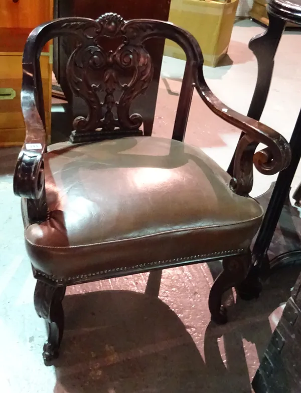 A George I style stained beech open armchair, with carved vase back on scroll supports, 70cm wide.  H8