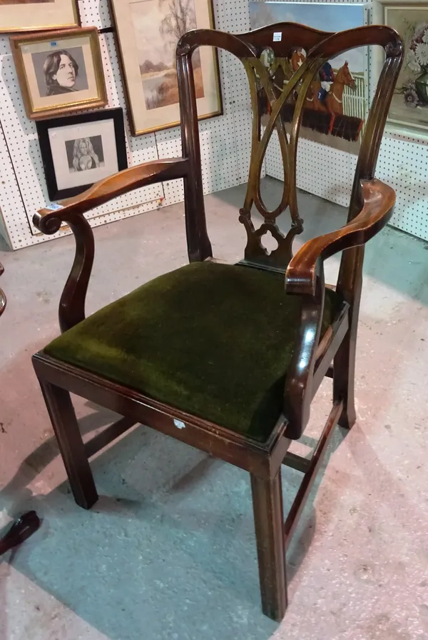 A George III mahogany open armchair, with splat back on square block supports.  B5