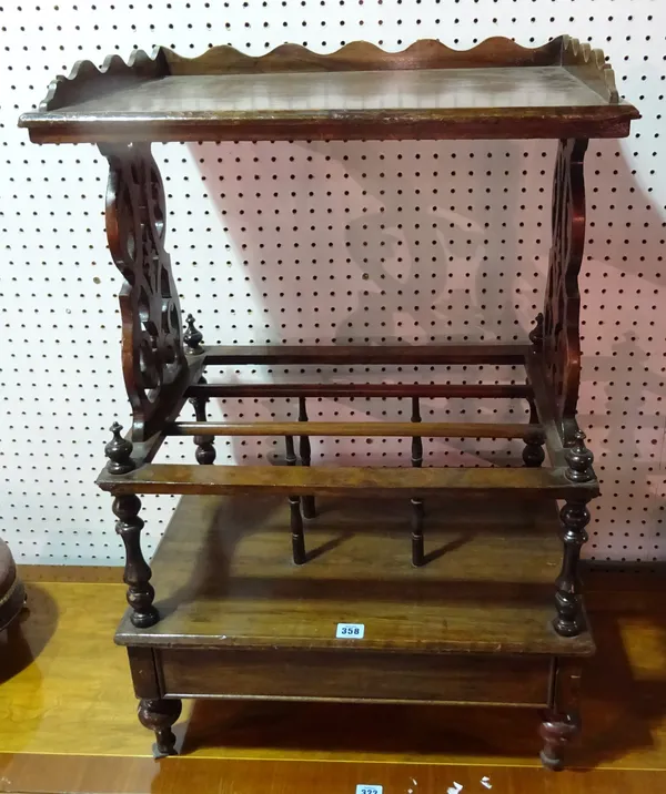 A Victorian walnut Canterbury whatnot, on turned supports, 56cm wide x 85cm high.  E10