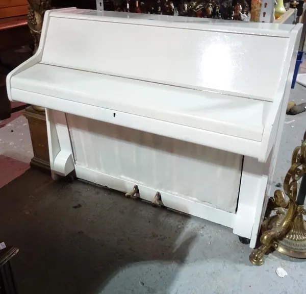 A 20th century 'Bentley' small upright piano, painted white, 122cm wide x 91cm high.  J3