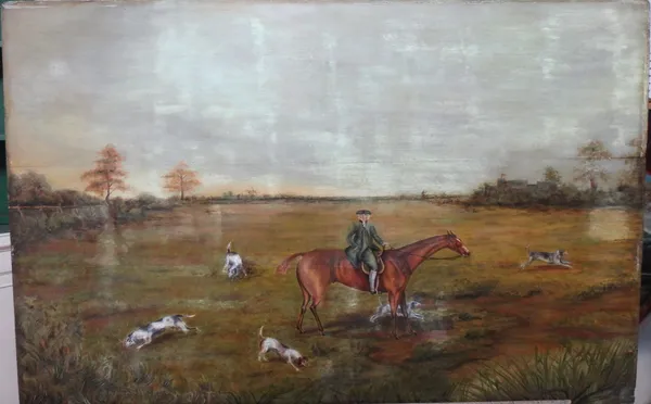 English Primitive School, Horseman and hounds in a landscape, oil on panel, unframed, 59cm x 92cm.  K1