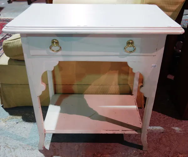 A pair of 20th century white painted bedside tables with single drawer on tapering supports, 61cm wide x 63cm high, (2).   I3