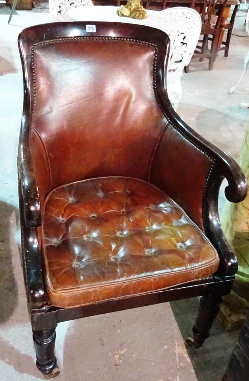 A Regency mahogany framed tub back library chair, on turned supports, 56cm wide x 90cm high.  I7