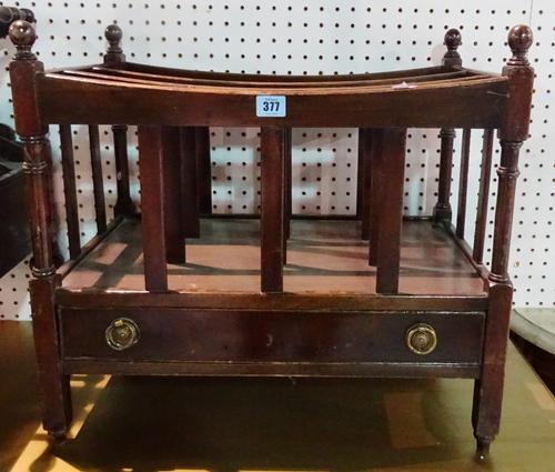 A Regency style mahogany three division Canterbury with single drawer base, 56cm wide x 51cm high.  A6