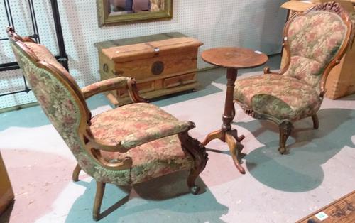 A Victorian mahogany framed gentleman's open armchair, together with a matching lady's armchair, on scroll supports, (2).  K9