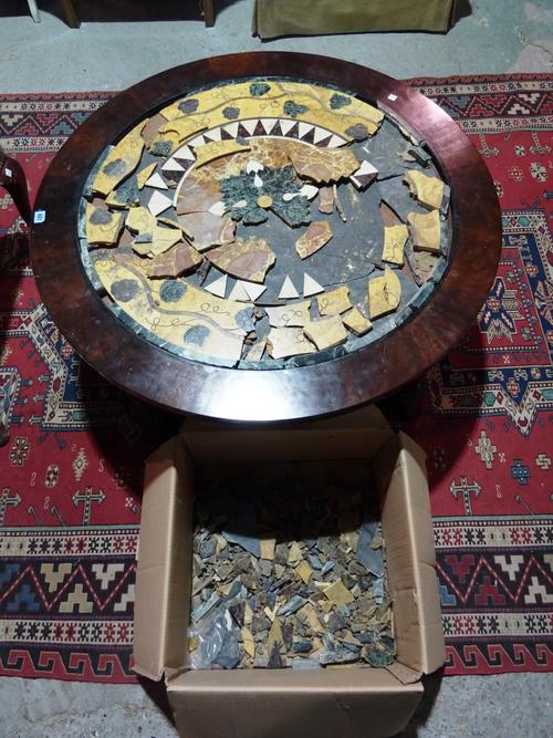 A 19th century mahogany centre table on trefoil base, with Italian specimen marble top, 105cm wide x 45cm high, (a.f).  J4