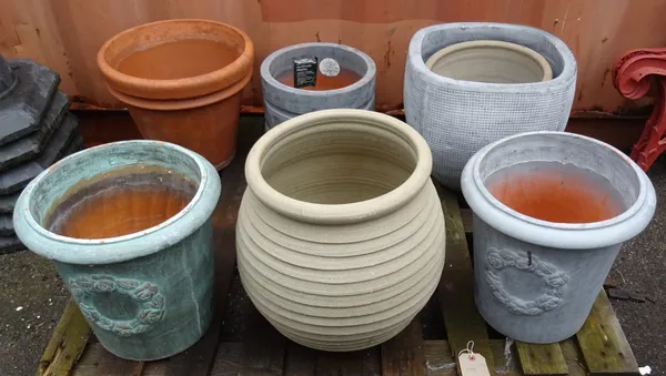 A group of seven various terracotta plant pots, (7).  OUT
