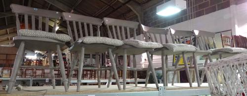 A set of six 20th century grey painted stick back dining chairs, on ring turned supports, (6).  F3