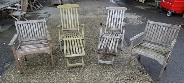 'Barlow Tyrie'; a pair of 20th century hardwood steamer garden chairs and two open armchairs, (4).  OUT