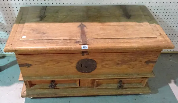 A 20th century hardwood metal bound trunk, with two drawers to the base, 89cm wide x 51cm high.  K10