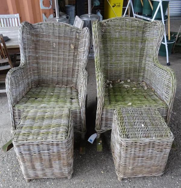 A pair of 20th century wicker wingback rocking armchairs, with matching footstools, (a.f), (4).   OUT