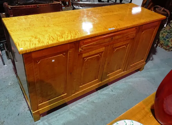 A 20th century Biedermeier style satin birch sideboard with central drawer and four cupboards on block feet, 170cm wide.   H2