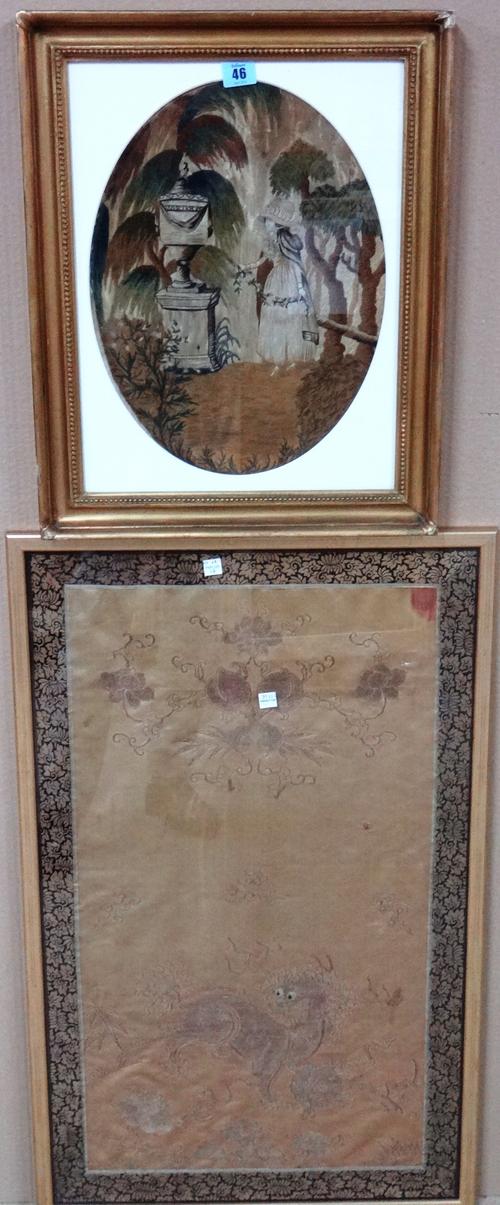 An early 19th century silkwork picture of a lady by an urn in parkland, oval, 39cm x 28cm; together with an Asian silkwork panel, (2).  K1
