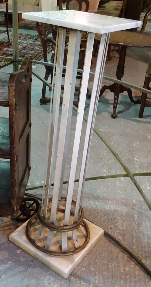 A pair of 20th century jardiniere stands, each with square marble top on a metal central column, 32cm wide x 111cm high, (2).  C8