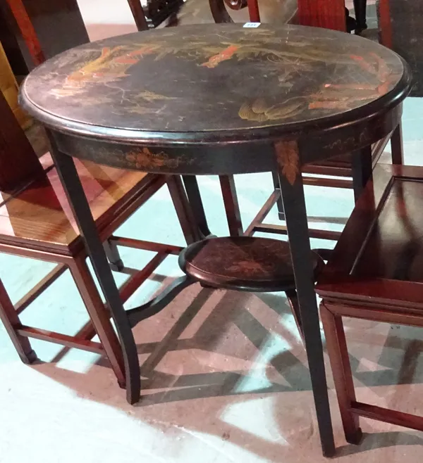 A 20th century ebonised and chinoiserie decorated oval centre table, 74cm wide x 75cm high.  H8