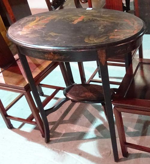 A 20th century ebonised and chinoiserie decorated oval centre table, 74cm wide x 75cm high.  H8