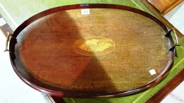 An Edwardian mahogany twin handled tray, with shell inlay decoration, 59cm wide.  D9