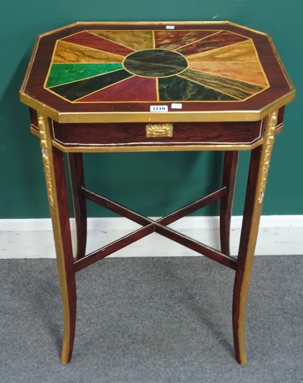 A George III style occasional table, the canted rectangular top with faux painted marble decoration, on splayed supports united by 'X' frame stretcher
