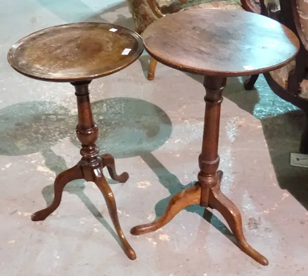 A George III primitive oak tripod table, 40cm wide x 69cm high, together with a similar later mahogany example, 38cm wide x 66cm high, (2).c K9