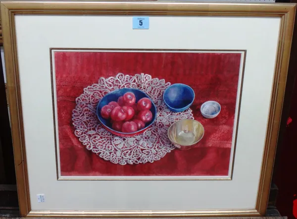 Janet Skea (b.1947), Still life with plums, watercolour, signed, 26cm x 36cm.  M1