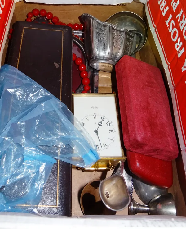 Silver plated items, including; flatware, a photo frame, a mantel clock and sundry, (qty).  S4M
