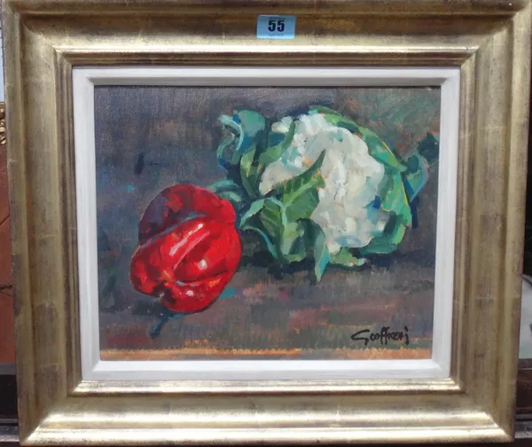 Geoffrey Humphries (20th century), Still life of cauliflower and pepper, oil on board, signed, 24cm x 29cm.  K1