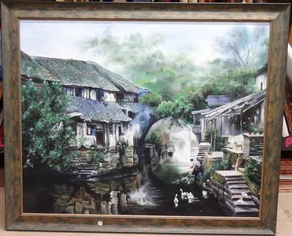 Chinese School (contemporary), A riverside settlement, oil on canvas, 80cm x 99cm.  J1