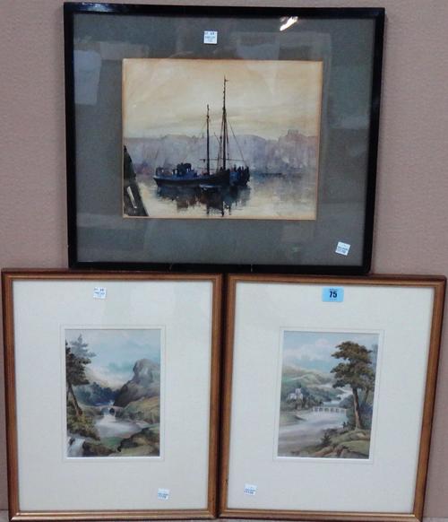 English School (late 19th/early 20th century), River landscapes, a pair, watercolour, each 20.5cm x 14cm; together with a further watercolour of a har