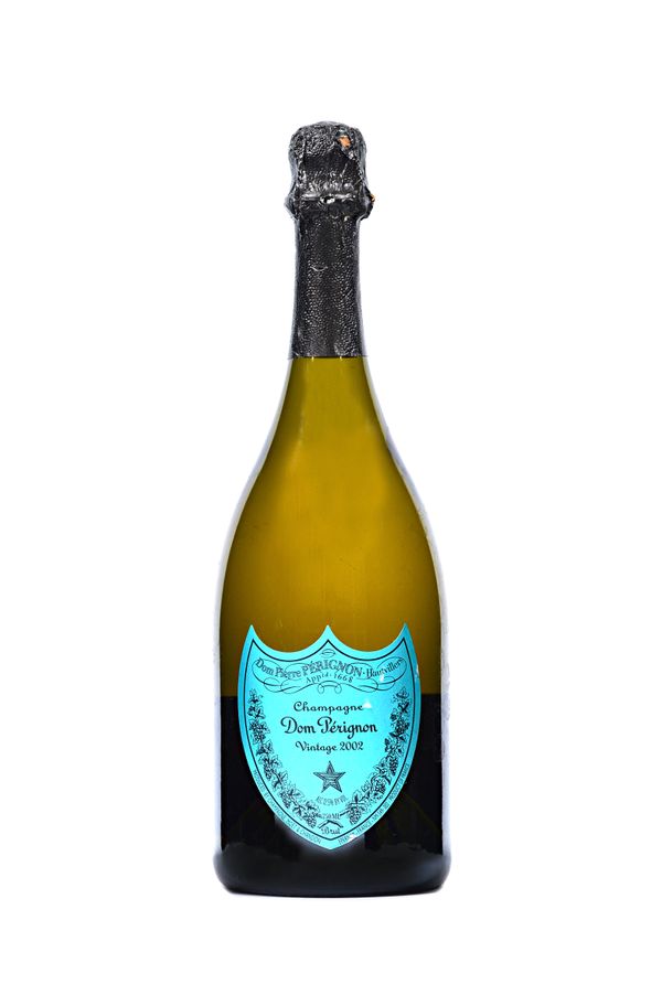 One bottle of 2002 Dom Perignon vintage champagne.  Illustrated