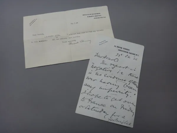 ALEXANDER FLEMING (1881 - 1955)  - 2 line typescript note, with autograph signature (May 3. 1924) on St. Mary's Hospital, Paddington (Inoculation Dept
