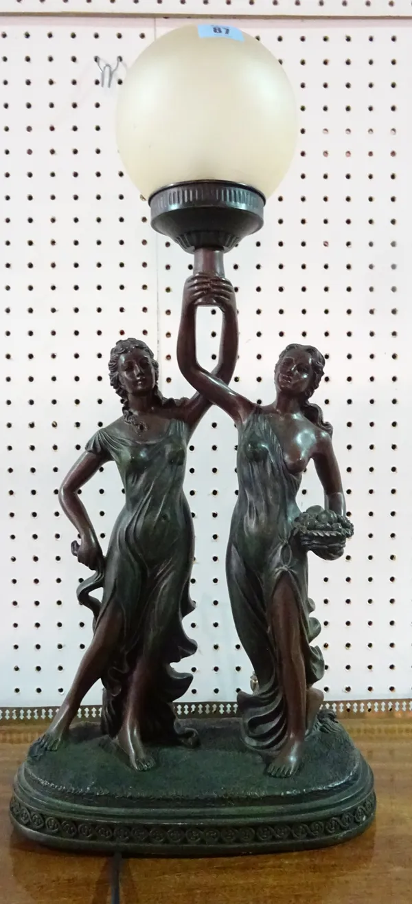 A 20th century faux bronze lamp, formed as two females holding a torch.  65cm  C9