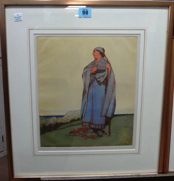 After William Lee Hankey, Shepherdess, colour lithograph, 29cm x 24.5cm.  H1