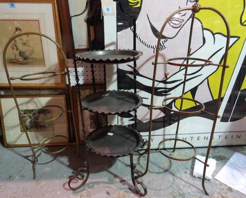 A group of three early 20th century metal three tier cake stands, (3). Tallest 88cm  I5