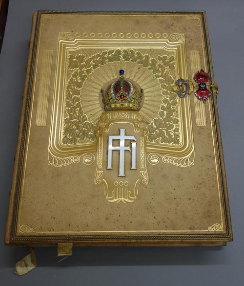 HELFERT (J.A. Freih von)  Viribus Unitis: das Buch vom Kaiser. num. photogravure & other plates (some coloured or guarded with captions), title & 2 ot