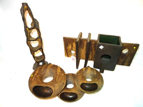 Ceramics, comprising; three 20th century studio pottery vases of irregular form including one signed, 'Clive Brooker', The tallest 40cm (a.f), (3).