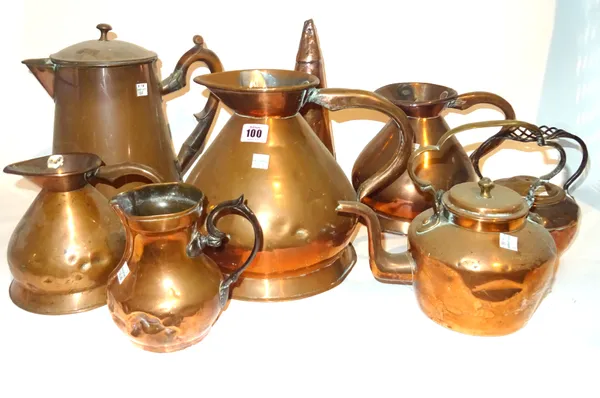 A large quantity of mostly 19th century and later copper and brass including jugs, kettles, lamps, trays, horse brasses and sundry. (qty)  S3B
