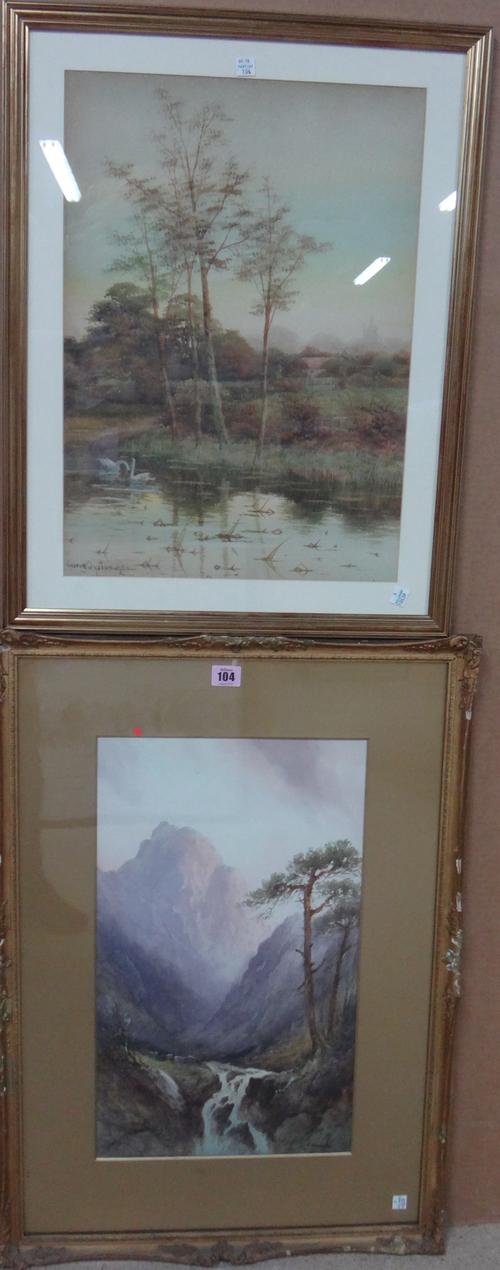 A group of six, including F. Pearson, A Highland stream, watercolour; George Oyston, Swans, watercolour; Mrs Bradley, Figures in a glade, watercolour,