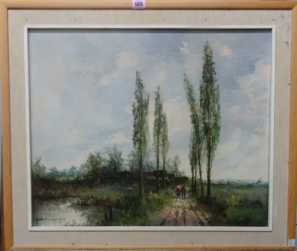 Continental School (20th century), Figures on a country track, oil on board, indistinctly signed, 48cm x 58cm.   I1