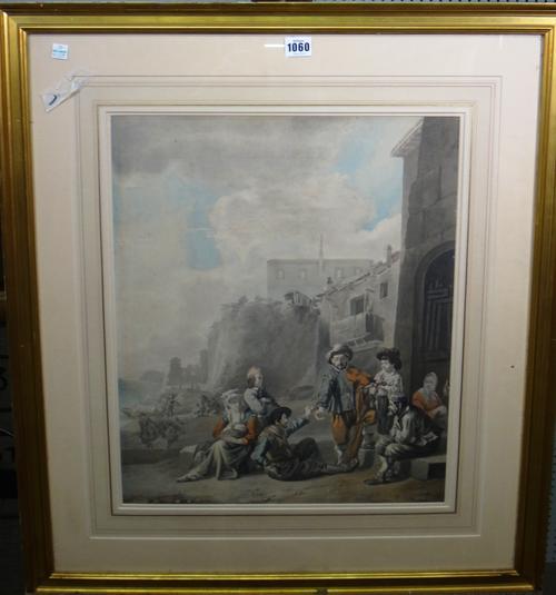 After Johannes Lingelbach, A travelling minstrel, watercolour, 50cm x 42cm.