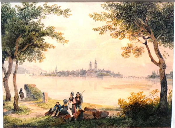 Swiss School (19th century), Figures on the banks of a lake, watercolour, 12cm x 15cm.